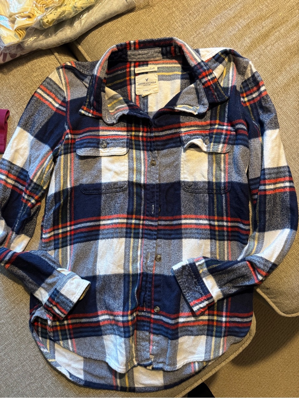 American Eagle Outfitters Navy Blue White Red Plaid Button-Down Shirt